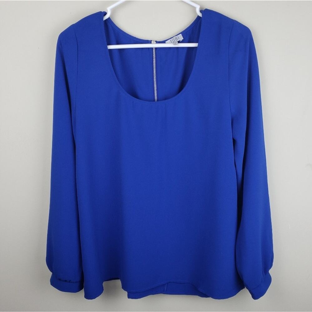 Tobi Women's Solid Blue Long Sleeve Scoop Neck Pullover Blouse Large L